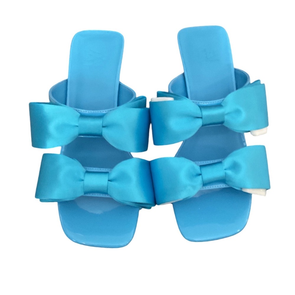 AW by Aminah Turquoise Blue Satin Double Bow Heeled Mules Square Toe Sandals